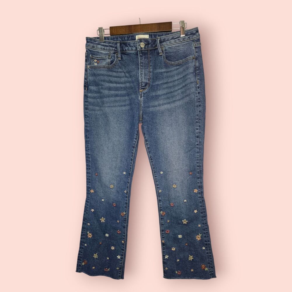 Driftwood Roxy Petite Fleur Embroidered Crop Flare Jeans 10 Raw Hem Floral